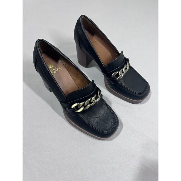 White Mountain Shoe Women 8 Black Loafer Heel Y2K 90s Chain Accent Dark Academia - Picture 1 of 9